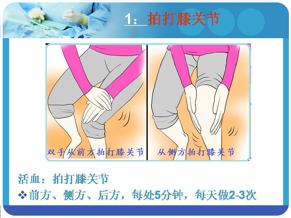 第一步:前方,侧方,后方拍打膝关节,可以活血通络,相当于运动员比赛前