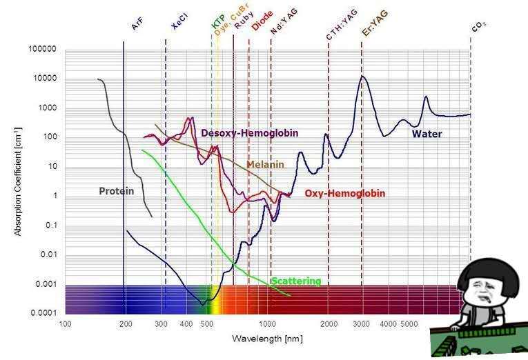 个例子来说一下,比如er铒激光,在2940nm波长,水(water)有很高的吸收峰