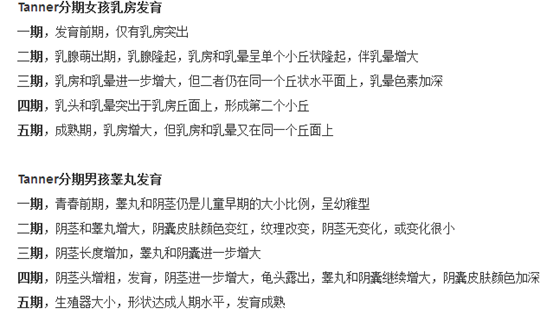 一般来说女孩8岁,男孩9岁开始发育都算正常现象,我们常用tanner分期对